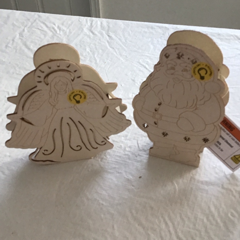 Two Wooden Christmas Angel and Santa Figurines - Natural Wood